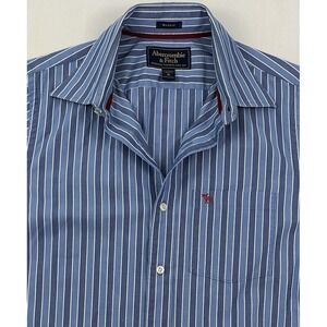 Vtg Abercrombie & Fitch XL Mens Muscle Button Up Shirt Blue Striped Moose‎ Logo